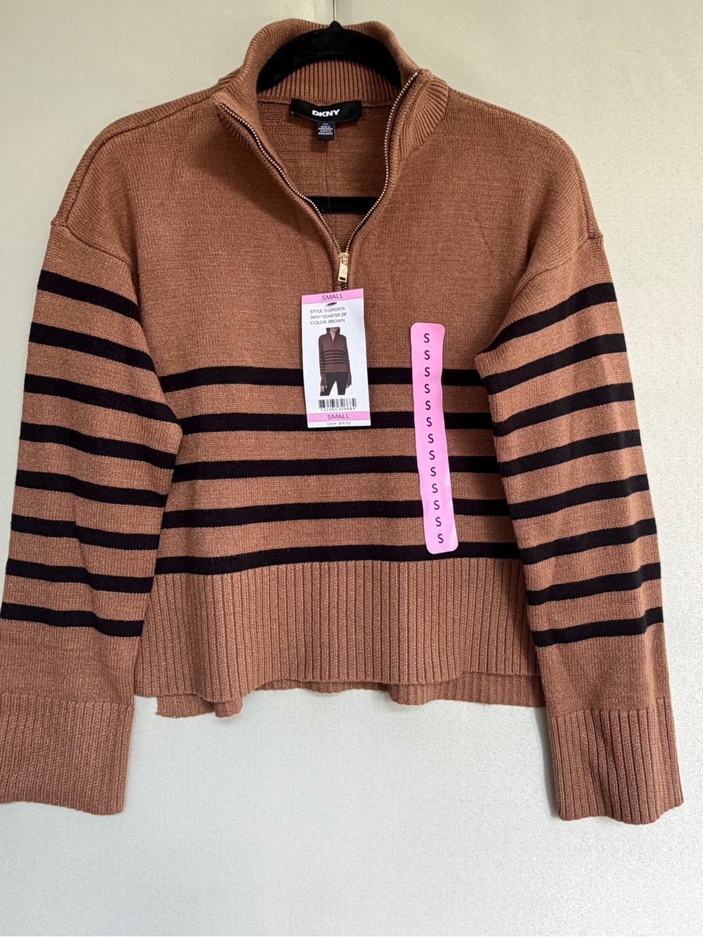 NEW Women's Brown Black Stripe DKNY Quarter Zip Sweater Size S - Picture 3 of 13